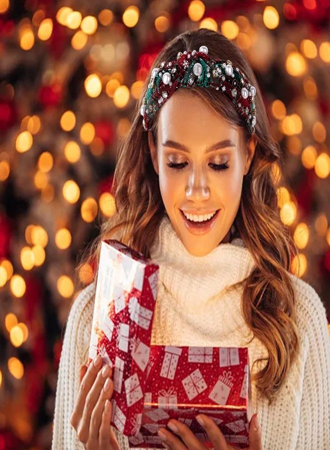 AMCAMI Christmas Headbands for Women Green Checkered Pearl Rhinestone Headband Top Knot Jeweled Wide Headband Hair Accessories Christmas Family Outfits Gifts - Image 4